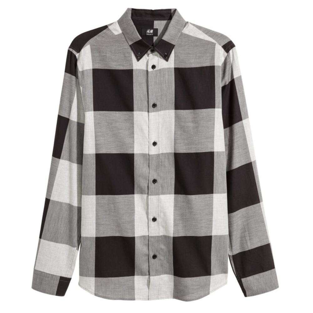 H&M Mens Black Gray White Buffalo Plaid Cotton Soft Light Button Up Shirt Medium